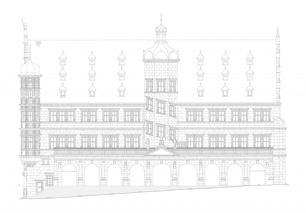 Steingenaue Planzeichnung der Rathausfassade Rothenburg ob der Tauber